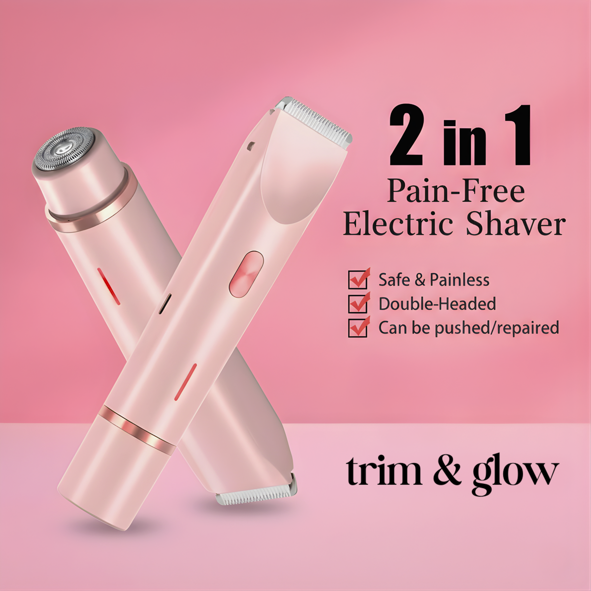 2-in-1 pain-free electric shaver with pink background and text highlighting features.