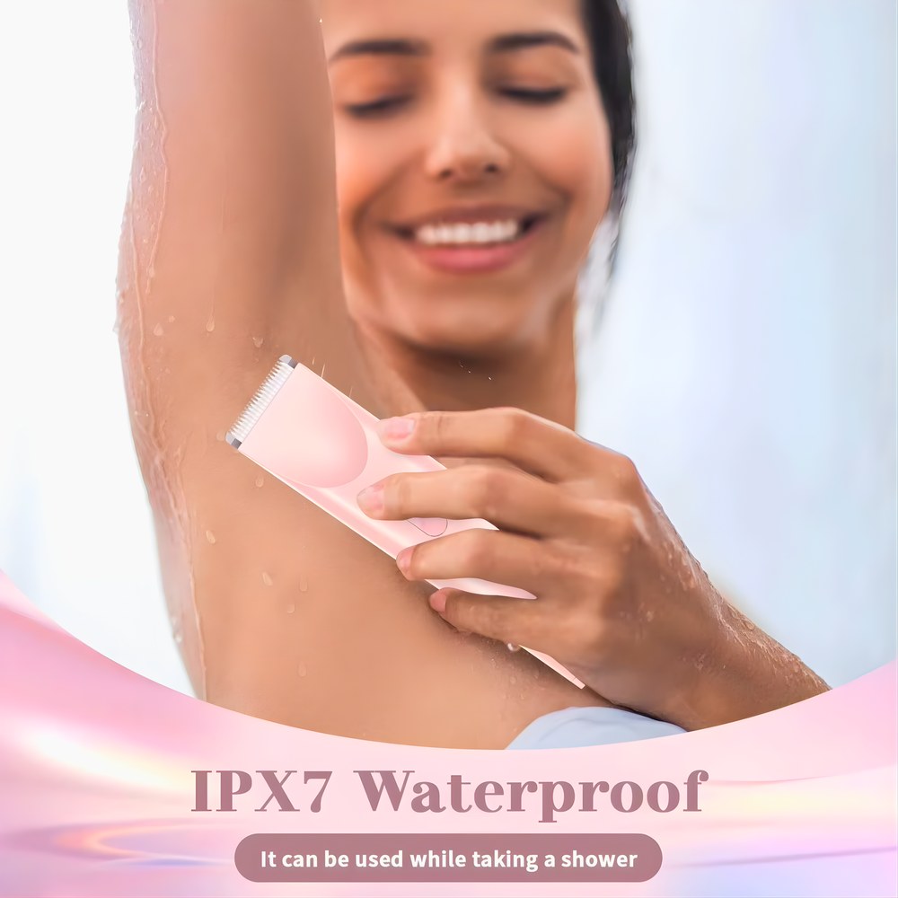 Woman using a pink electric razor with 'IPX7 Waterproof' text on a light background